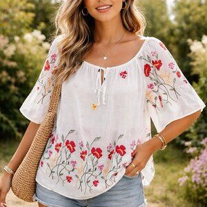 Kindred Top Women’s Plus 2X White Floral Embroidered Peasant Boho Lightweight